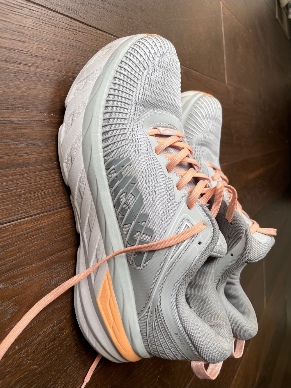 Hoka Women's Light Gray and Peach Athletic Running Shoes - Picture 3 of 7